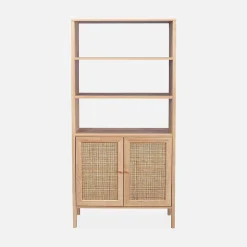 Bibliothèque décor bois et cannage - Bohème - 4 niveaux. 2 portes. 5 étagères