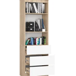 Bibliothèque de bureau AKORD R60 Chêne Sonoma 60 cm 3 tiroirs façade Blanche 3 étagères 60x35x180 cm