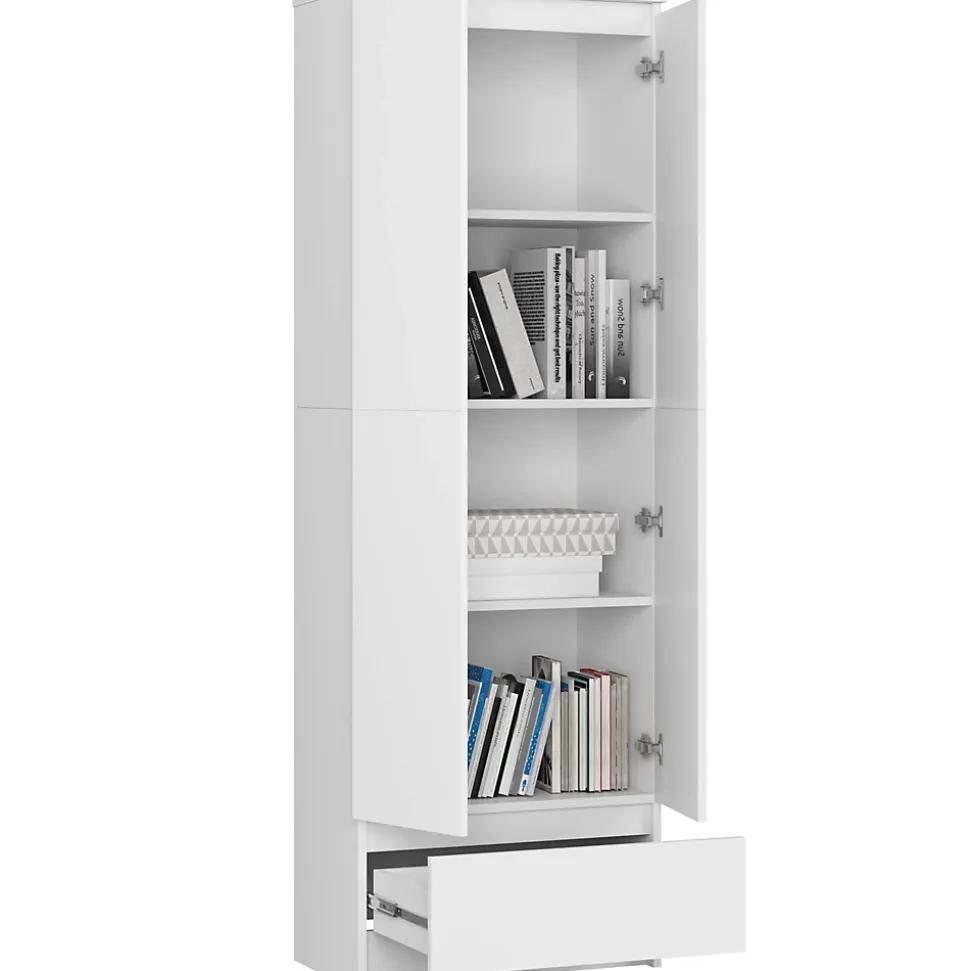 Bibliothèque de bureau AKORD R60 Blanche 60 cm 4 portes 1 tiroir façade Blanche 4 étagères 60x35x180 cm