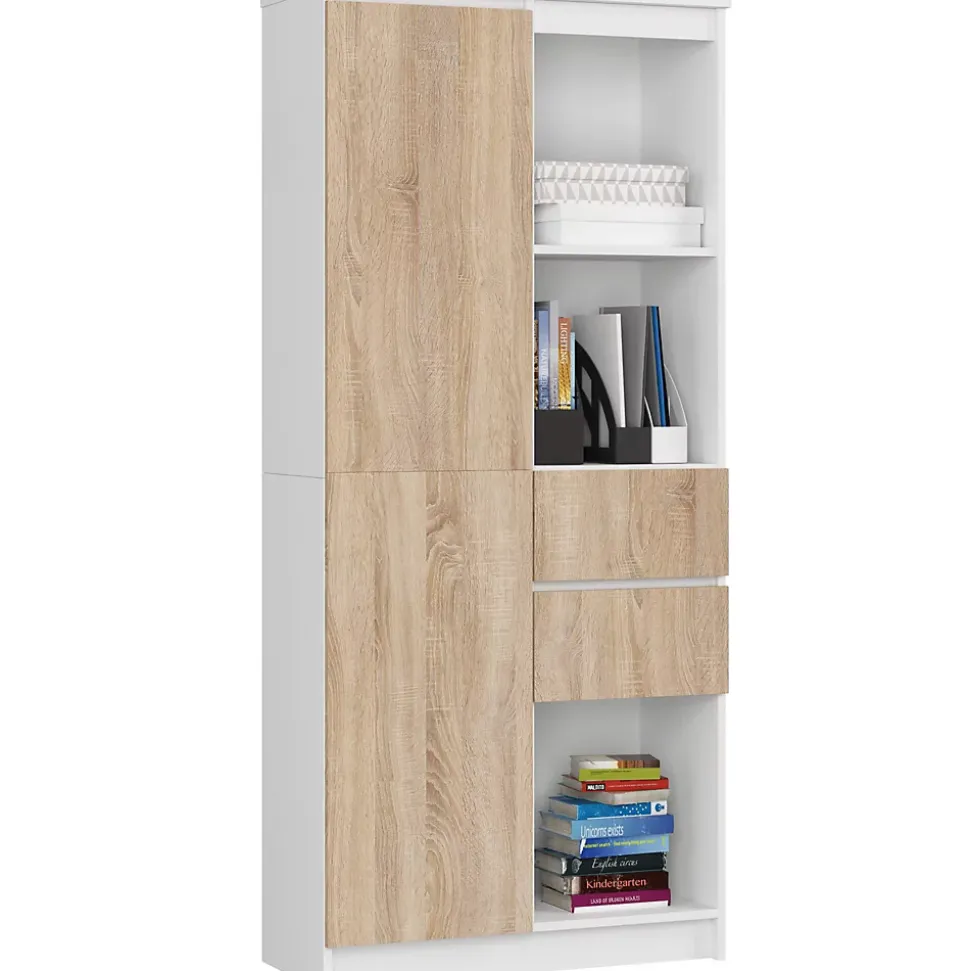Bibliothèque de bureau AKORD R15 Blanche 80 cm 2 portes 2 tiroirs façade Chêne Sonoma 7 étagères 80x35x180 cm