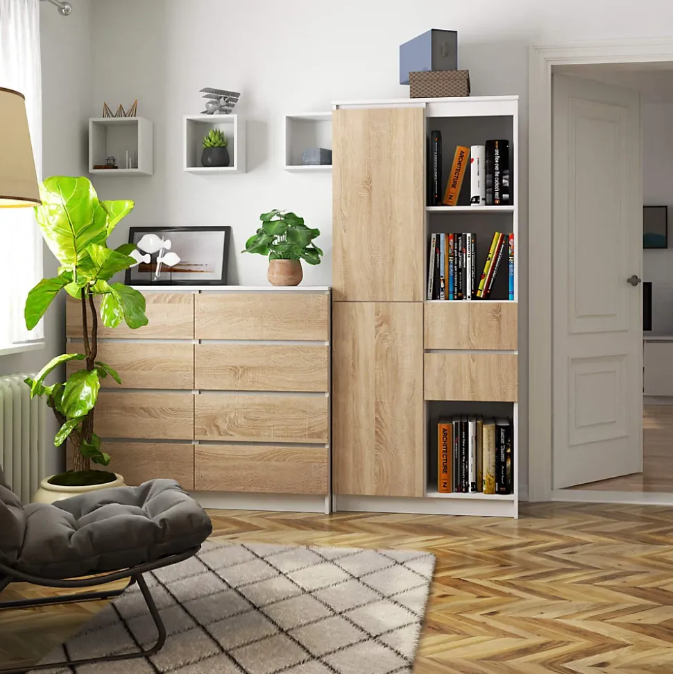 Bibliothèque de bureau AKORD R15 Blanche 80 cm 2 portes 2 tiroirs façade Chêne Sonoma 7 étagères 80x35x180 cm