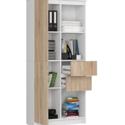 Bibliothèque de bureau AKORD R15 Blanche 80 cm 2 portes 2 tiroirs façade Chêne Sonoma 7 étagères 80x35x180 cm