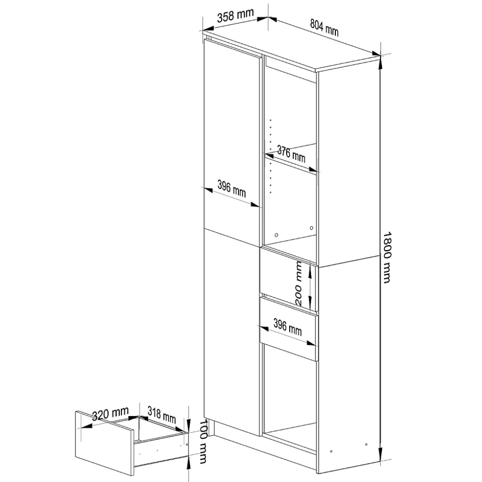 Bibliothèque de bureau AKORD R15 Blanche 80 cm 2 portes 2 tiroirs façade Chêne Sonoma 7 étagères 80x35x180 cm