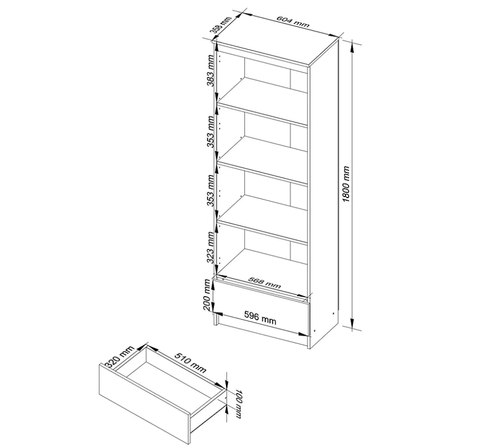 Bibliothèque de bureau AKORD R60 Aulne 60 cm 1 tiroir façade Aulne 4 étagères 60x35x180 cm