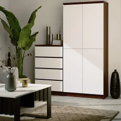 Bibliothèque de bureau Armoire AKORD R80 Wengé 80 cm 2 portes façade Blanche 8 étagères 80x35x180 cm