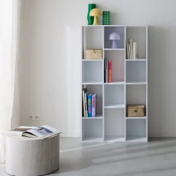 Bibliothèque design asymétrique blanche. Pieter. 3 étagères. 12 compartiments de rangement