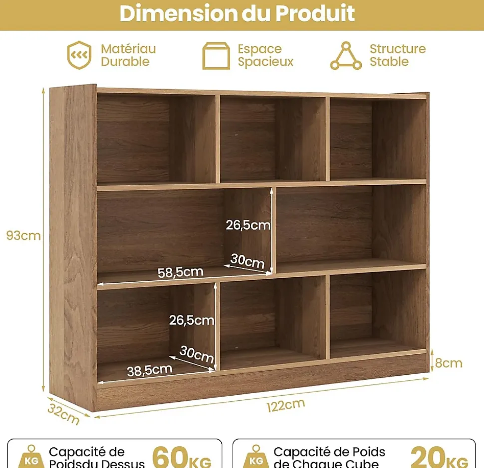 Bibliothèque Enfant 8 Cubes Ouvertes Meuble de Rangement Bibliothèque pour Livres et Jouets Naturel