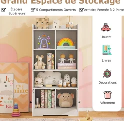 Bibliothèque Enfant en Bois Meuble Rangment Enfant avec 2 Armoires et 5 Compartiments Ouverts 120 cm Étagère à Livres