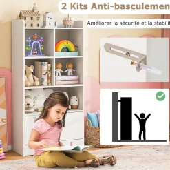 Bibliothèque Enfant en Bois Meuble Rangment Enfant avec 2 Armoires et 5 Compartiments Ouverts 120 cm Étagère à Livres