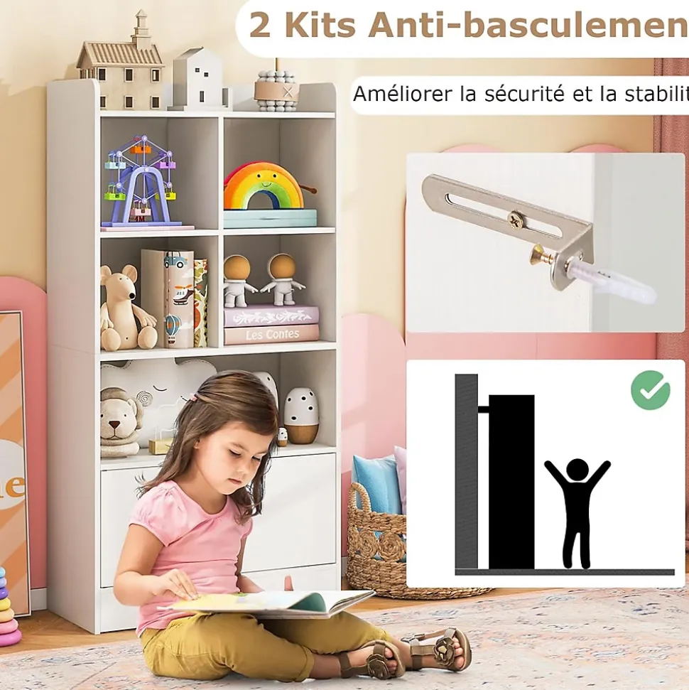Bibliothèque Enfant en Bois Meuble Rangment Enfant avec 2 Armoires et 5 Compartiments Ouverts 120 cm Étagère à Livres