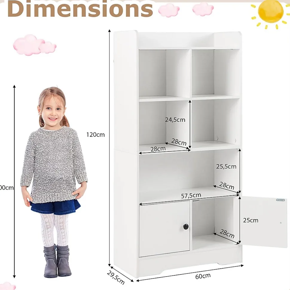 Bibliothèque Enfant en Bois Meuble Rangment Enfant avec 2 Armoires et 5 Compartiments Ouverts 120 cm Étagère à Livres