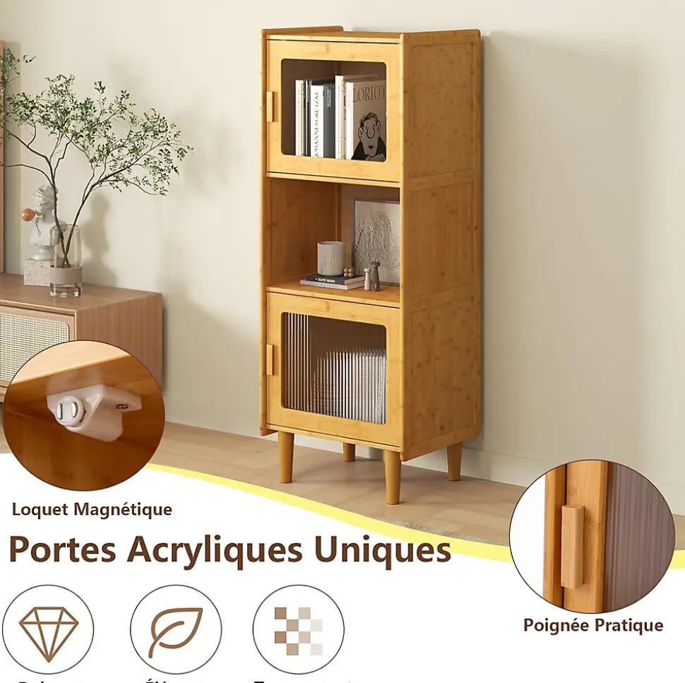 Bibliothèque Etroite à 3 Niveaux avec 2 Cubes à Porte et 1 Compartiment Ouvert Charge Totale 120 KG Naturel