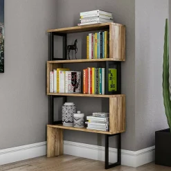 Bibliothèque Haruto, Etagère de bureau, Porte-livre mobile, Librairie, 80x22h128 cm, Noyer