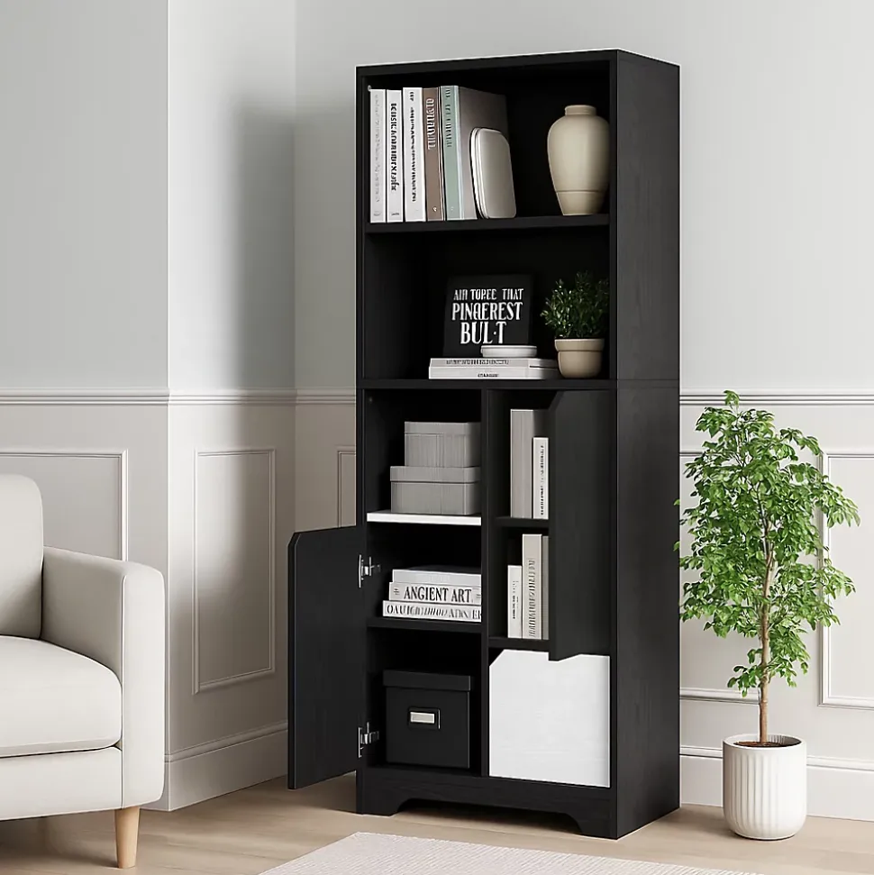 Bibliothèque Haute - Meuble de Rangement Moderne avec Tiroirs et Portes Pour Salon ou Chambre, Spanplatte, 60 x 30 x 160 cm, Noir