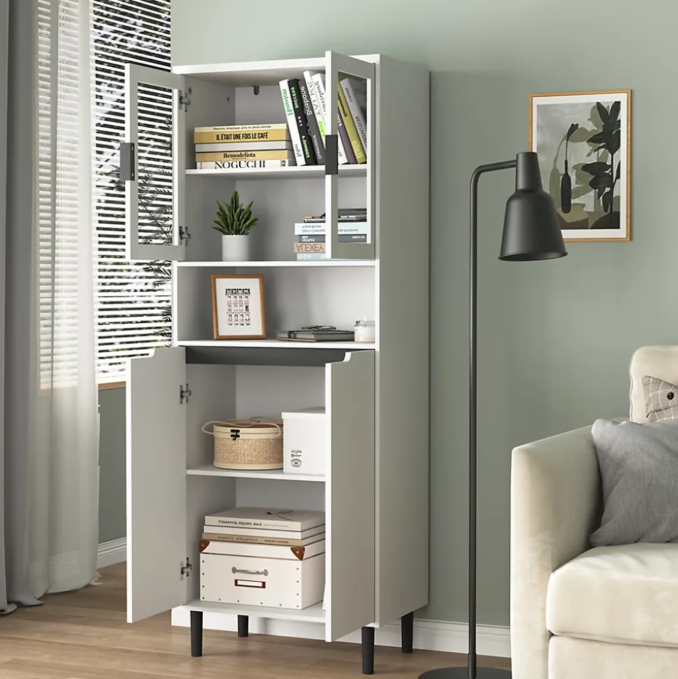 Bibliothèque Haute - Meuble de Rangement avec 4 Portes en Verre Trempé et Étagères Réglables, Spanplatte, 60 x 35 x 160 cm, Blanc