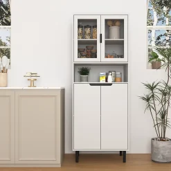 Bibliothèque Haute - Meuble de Rangement avec 4 Portes en Verre Trempé et Étagères Réglables, Spanplatte, 60 x 35 x 160 cm, Blanc
