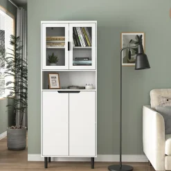 Bibliothèque Haute - Meuble de Rangement avec 4 Portes en Verre Trempé et Étagères Réglables, Spanplatte, 60 x 35 x 160 cm, Blanc