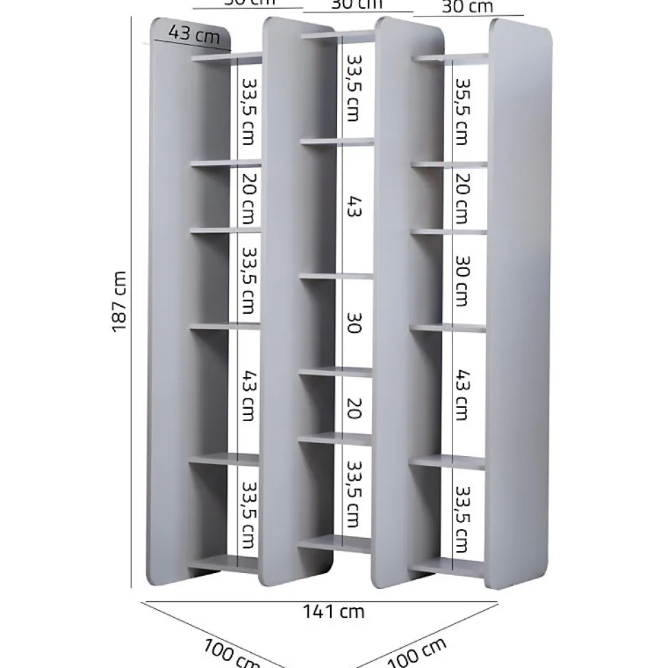 Bibliothèque L.141 cm style paravent gris 18 tablettes - AVALON 8907