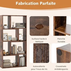 Bibliothèque Livre en Bois, 60 x 20 x 120 CM, Étagère 4 Niveaux Ouverte avec 8 Cubes, Avec 2 Dispositifs Anti-Basculement (Café)