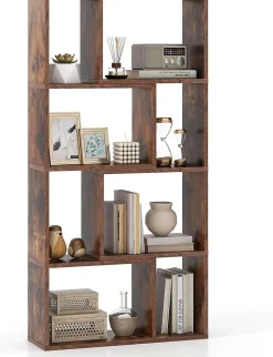 Bibliothèque Livre en Bois, 60 x 20 x 120 CM, Étagère 4 Niveaux Ouverte avec 8 Cubes, Avec 2 Dispositifs Anti-Basculement (Café)