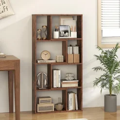 Bibliothèque Livre en Bois, 60 x 20 x 120 CM, Étagère 4 Niveaux Ouverte avec 8 Cubes, Avec 2 Dispositifs Anti-Basculement (Café)