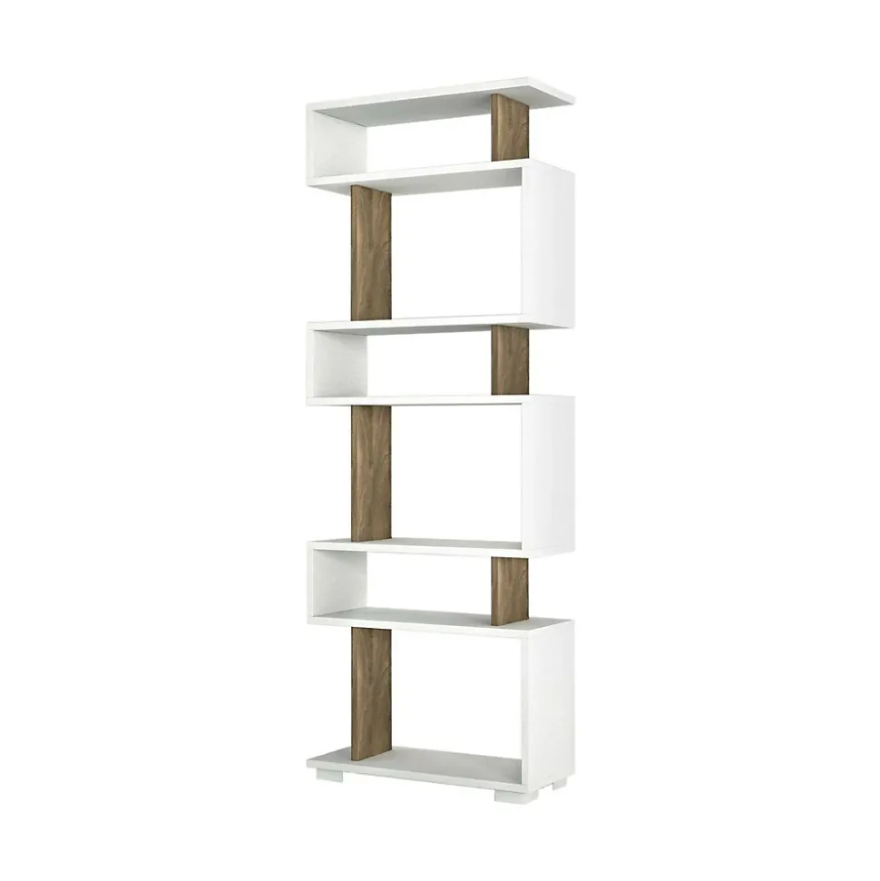 Bibliothèque Panopea, Etagère de bureau, Porte-livre mobile, Librairie, 60x20h165 cm, Blanc et Noyer