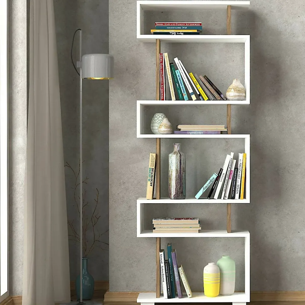 Bibliothèque Panopea, Etagère de bureau, Porte-livre mobile, Librairie, 60x20h165 cm, Blanc et Noyer