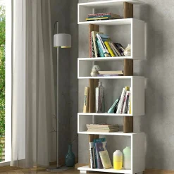 Bibliothèque Panopea, Etagère de bureau, Porte-livre mobile, Librairie, 60x20h165 cm, Blanc et Noyer