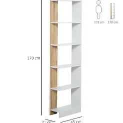Bibliothèque rangement 4 étagères 5 niveaux dim. 45 x 21 x 170 cm blanc effet bois clair
