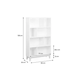 Bibliothèque scandinave blanche. étagère asymétrique - Floki - pieds en bois de sapin. 4 étagères. 8 compartiments. 80x30x138cm