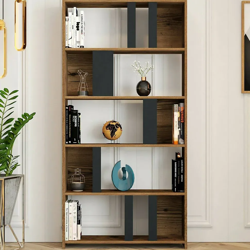 Bibliothèque Scapolita, Etagère de bureau, Porte-livre mobile, Librairie, 90x20h180 cm, Noyer et Anthracite