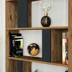 Bibliothèque Scapolita, Etagère de bureau, Porte-livre mobile, Librairie, 90x20h180 cm, Noyer et Anthracite
