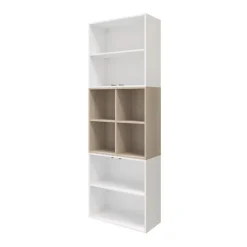 Bibliothèque semi ouverte blanche et effet chêne 4 portes 2 tiroirs GoodHome Atomia H. 225 x L. 75 x P. 37 cm