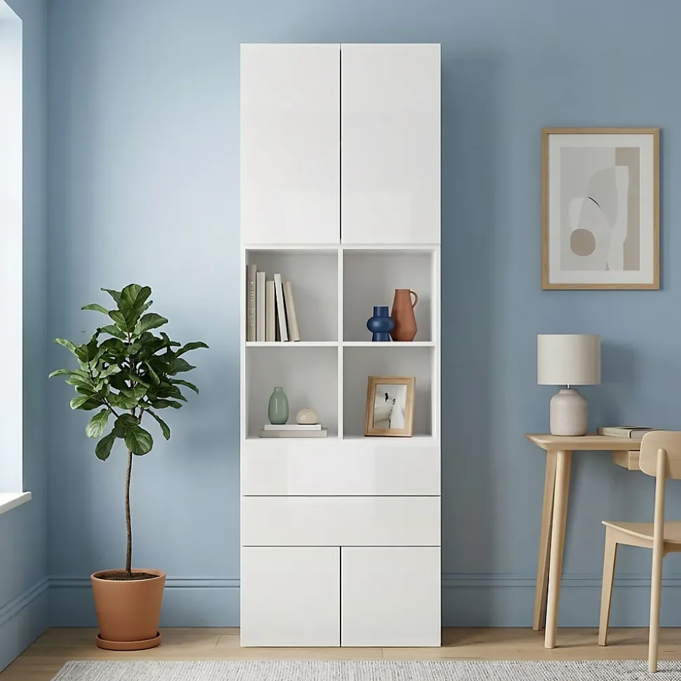 Bibliothèque semi ouverte blanche 4 portes 2 tiroirs GoodHome Atomia H. 225 x L. 75 x P. 37 cm