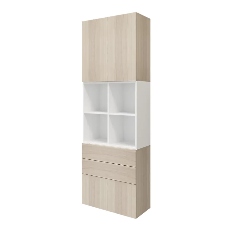 Bibliothèque semi ouverte effet chêne et blanche 4 portes 2 tiroirs GoodHome Atomia H. 225 x L. 75 x P. 37 cm
