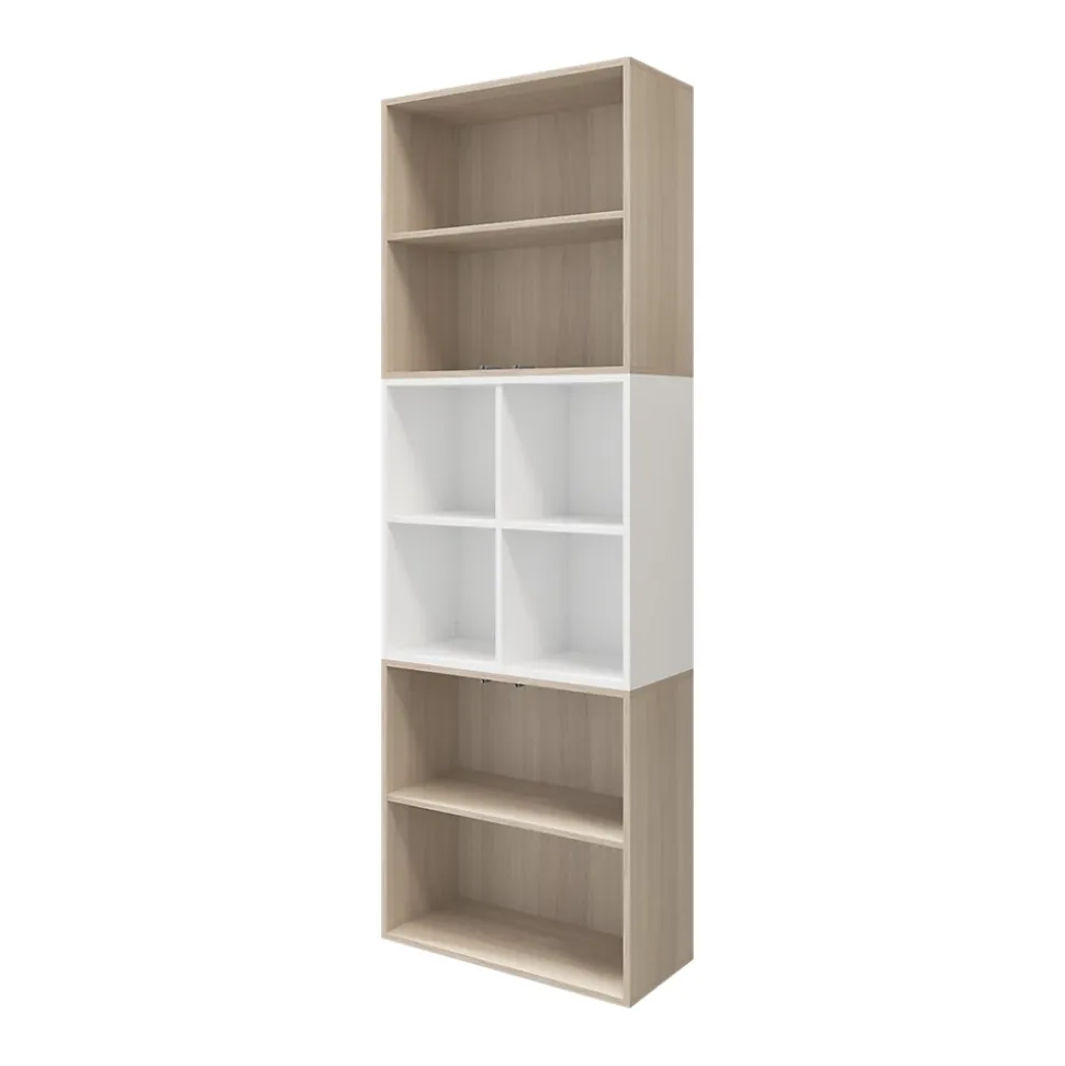 Bibliothèque semi ouverte effet chêne et blanche 4 portes 2 tiroirs GoodHome Atomia H. 225 x L. 75 x P. 37 cm