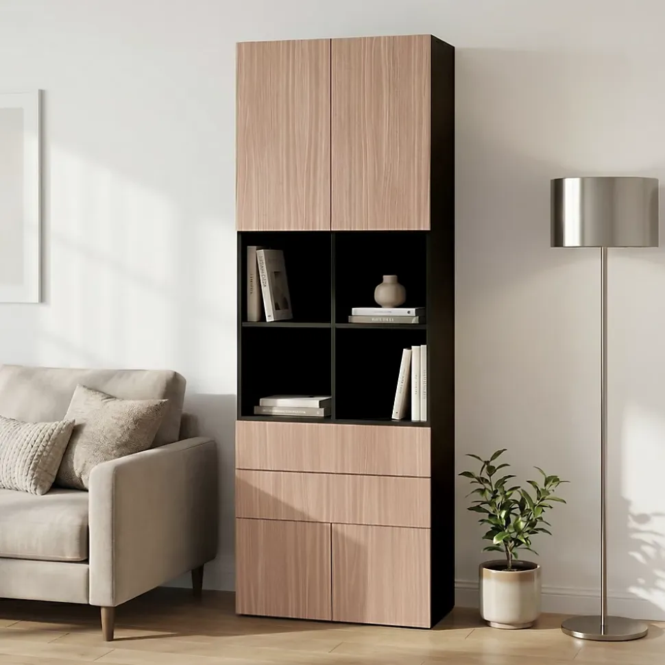 Bibliothèque semi ouverte effet chêne chaud et noir 4 portes 2 tiroirs GoodHome Atomia H. 225 x L. 75 x P. 35 cm