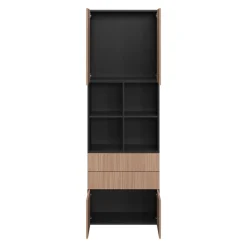 Bibliothèque semi ouverte effet chêne chaud et noir 4 portes 2 tiroirs GoodHome Atomia H. 225 x L. 75 x P. 35 cm