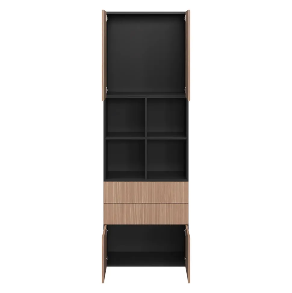 Bibliothèque semi ouverte effet chêne chaud et noir 4 portes 2 tiroirs GoodHome Atomia H. 225 x L. 75 x P. 35 cm
