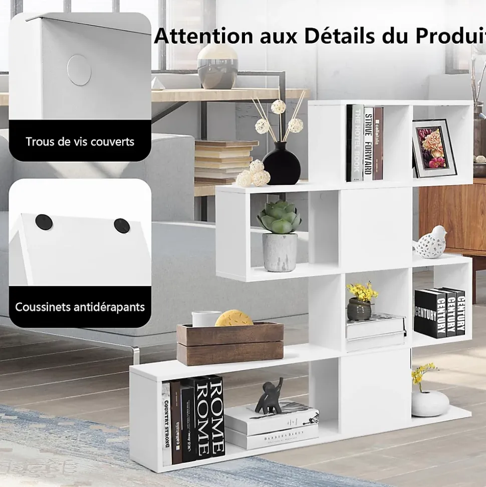 Bibliothèque sur Pied à 4 Niveaux, Meuble de Rangement en Forme Irrégulière 120x19,5x109cm Blanc