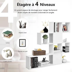 Bibliothèque sur Pied à 4 Niveaux, Meuble de Rangement en Forme Irrégulière 120x19,5x109cm Blanc