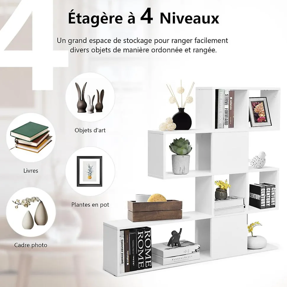 Bibliothèque sur Pied à 4 Niveaux, Meuble de Rangement en Forme Irrégulière 120x19,5x109cm Blanc