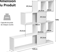 Bibliothèque sur Pied à 4 Niveaux, Meuble de Rangement en Forme Irrégulière 120x19,5x109cm Blanc