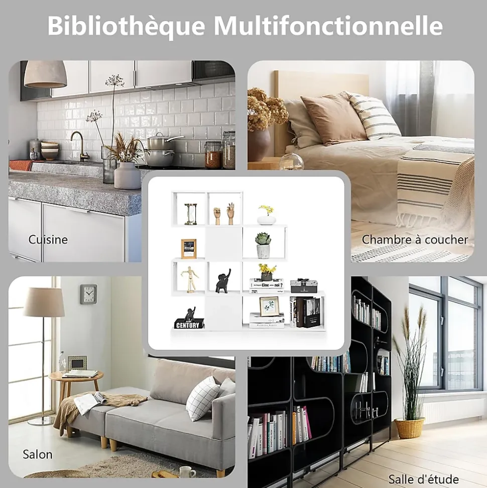 Bibliothèque sur Pied à 4 Niveaux, Meuble de Rangement en Forme Irrégulière 120x19,5x109cm Blanc
