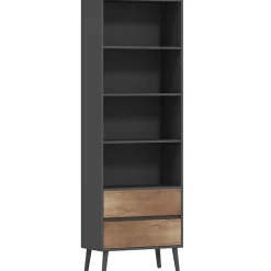 Bibliothèque sur pieds 4 étagères 2 tiroirs coulissants dim. 60 x 30 x 179 cm gris charbon effet bois