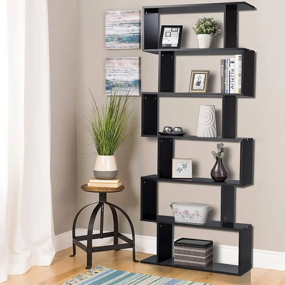 Bibliothèque Étagère 6 Niveaux, Étagère de Rangement Mural en Forme S en Bois, Meuble Scandinave 80 x 23 x 192 CM (Noir)