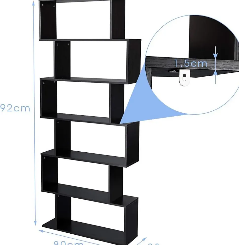 Bibliothèque Étagère 6 Niveaux, Étagère de Rangement Mural en Forme S en Bois, Meuble Scandinave 80 x 23 x 192 CM (Noir)