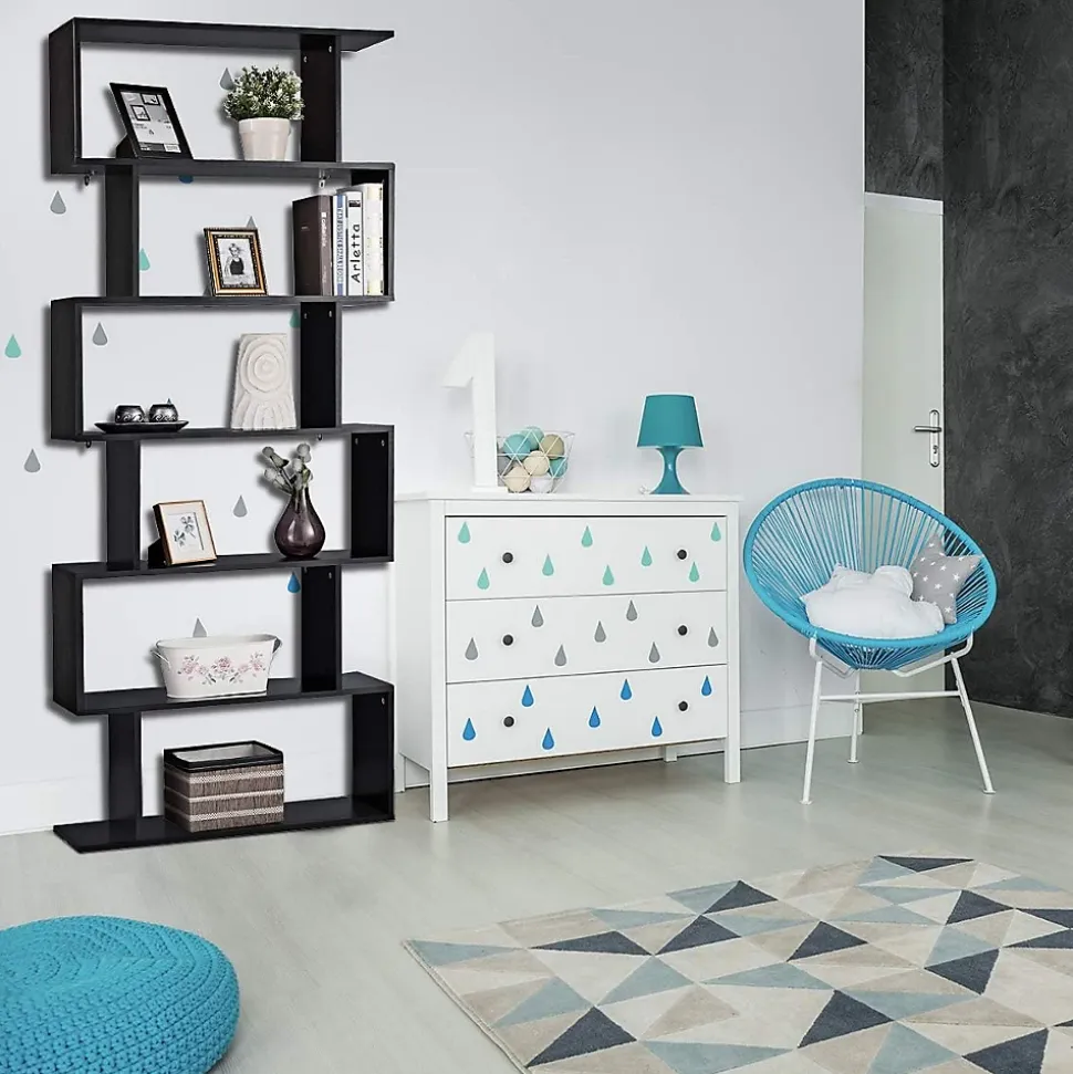 Bibliothèque Étagère 6 Niveaux, Étagère de Rangement Mural en Forme S en Bois, Meuble Scandinave 80 x 23 x 192 CM (Noir)