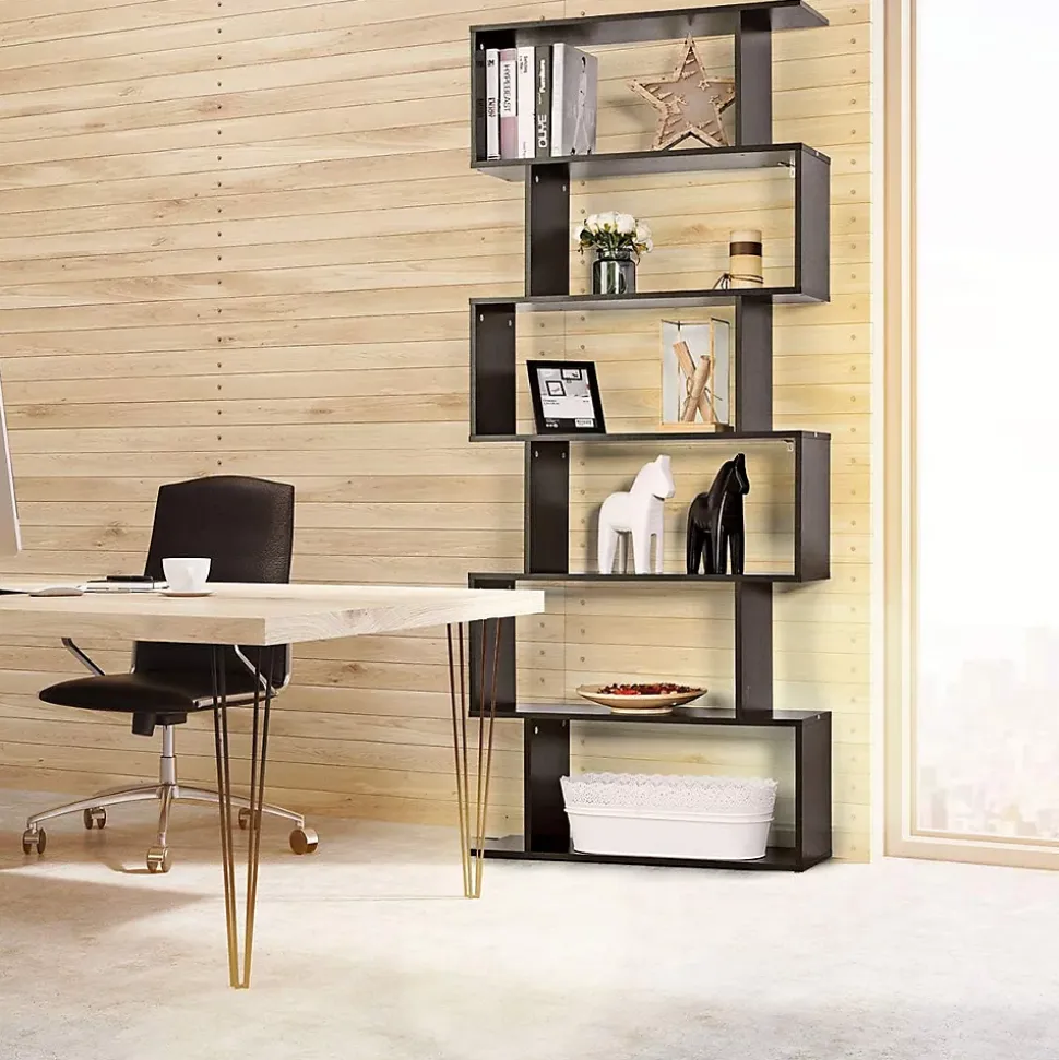Bibliothèque Étagère 6 Niveaux, Étagère de Rangement Mural en Forme S en Bois, Meuble Scandinave 80 x 23 x 192 CM (Noir)