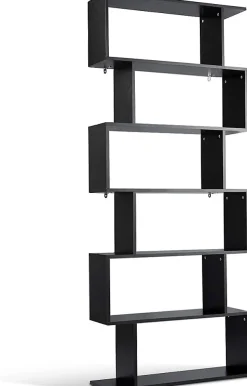 Bibliothèque Étagère 6 Niveaux, Étagère de Rangement Mural en Forme S en Bois, Meuble Scandinave 80 x 23 x 192 CM (Noir)